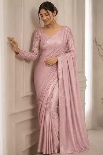 Peach Color Embroidered Silk Blend Saree