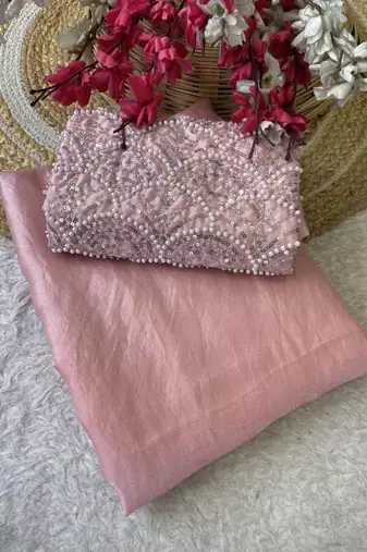 Peach Color Embroidered Silk Blend Saree