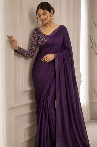 Purple Color Embroidered Silk Blend Saree