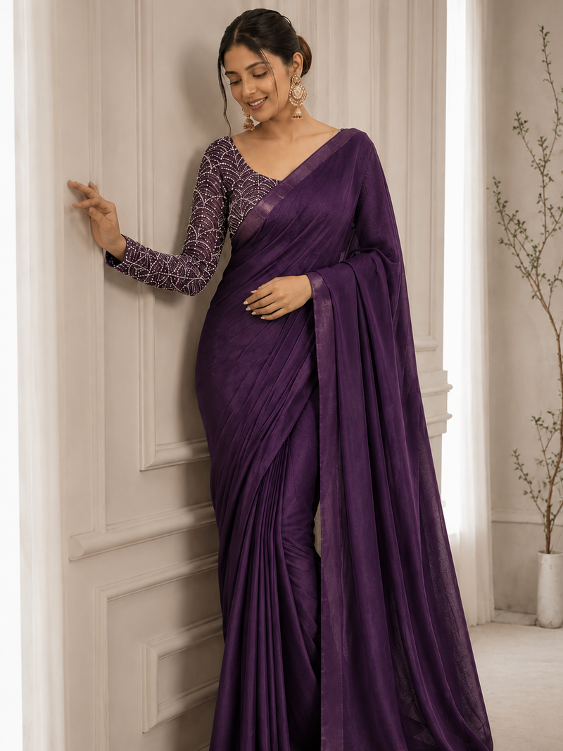 Purple Color Embroidered Silk Blend Saree