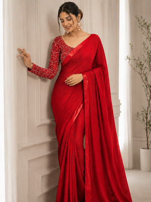 Red Color Embroidered Silk Blend Saree 1