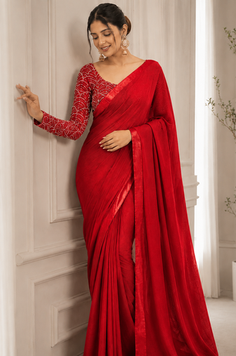 Red Color Embroidered Silk Blend Saree