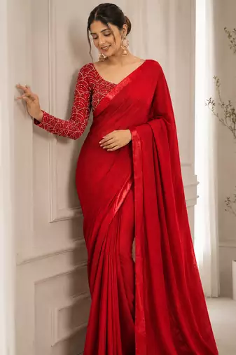 Red Color Embroidered Silk Blend Saree