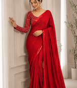 Red Color Embroidered Silk Blend Saree