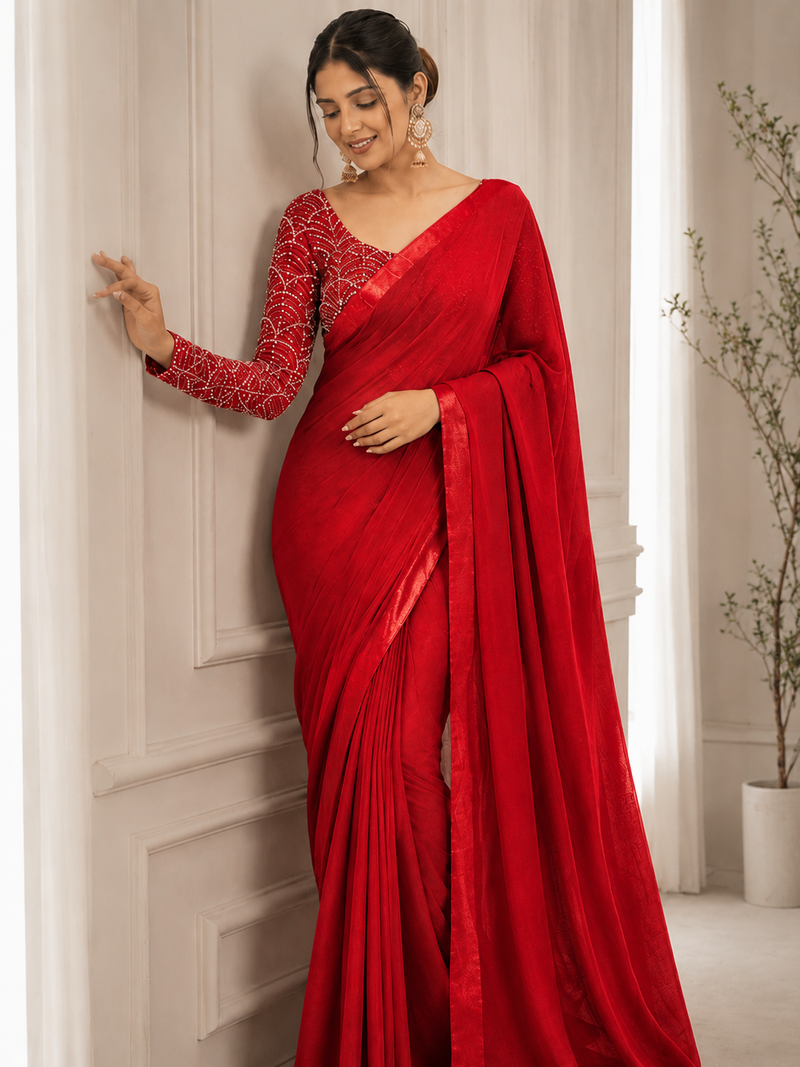 Red Color Embroidered Silk Blend Saree