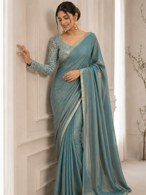 Sky Blue Color Embroidered Silk Blend Saree 1