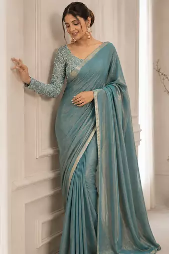 Sky Blue Color Embroidered Silk Blend Saree