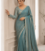 Sky Blue Color Embroidered Silk Blend Saree