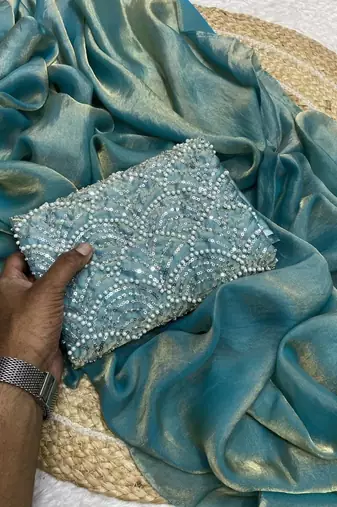 Sky Blue Color Embroidered Silk Blend Saree