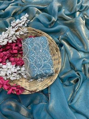 Sky Blue Color Embroidered Silk Blend Saree 3
