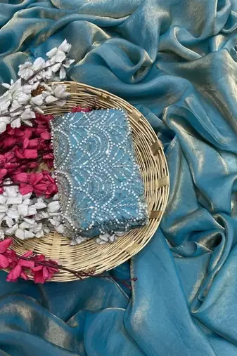 Sky Blue Color Embroidered Silk Blend Saree