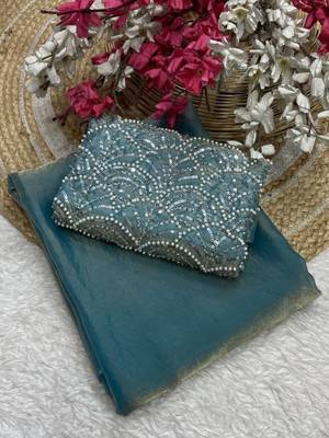 Sky Blue Color Embroidered Silk Blend Saree 4