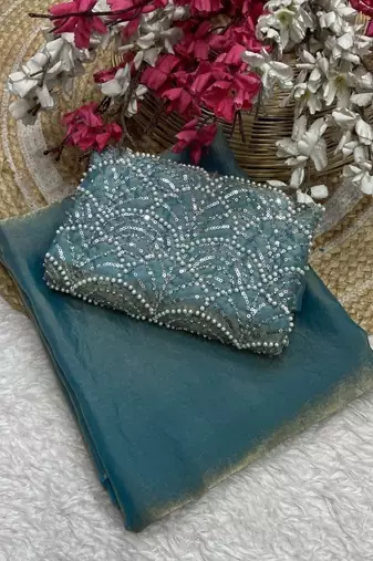 Sky Blue Color Embroidered Silk Blend Saree