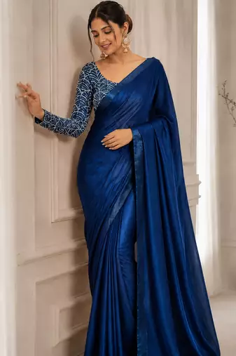 Teal Color Embroidered Silk Blend Saree