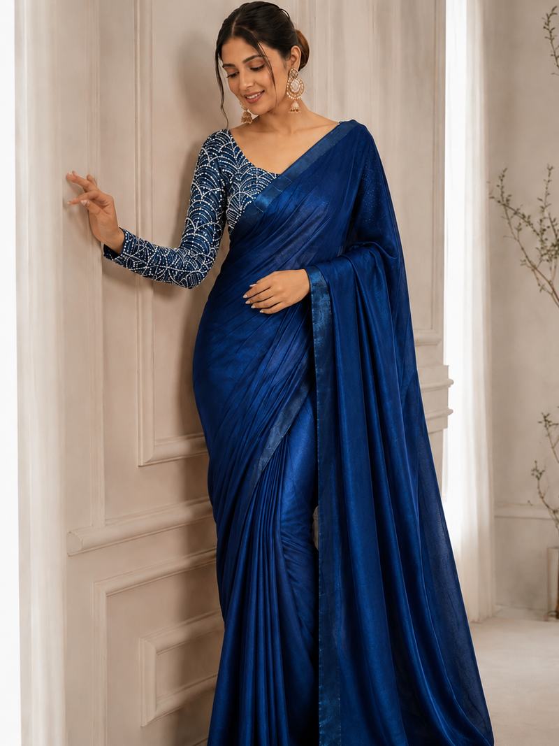 Teal Color Embroidered Silk Blend Saree