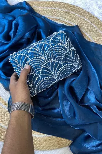 Teal Color Embroidered Silk Blend Saree