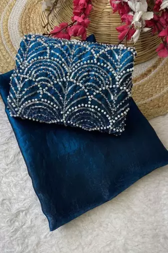 Teal Color Embroidered Silk Blend Saree