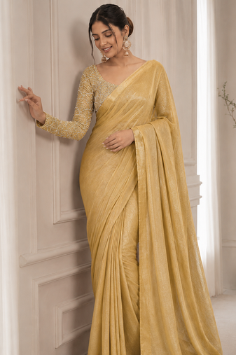 Yellow Color Embroidered Silk Blend Saree