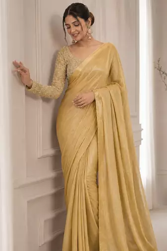 Yellow Color Embroidered Silk Blend Saree
