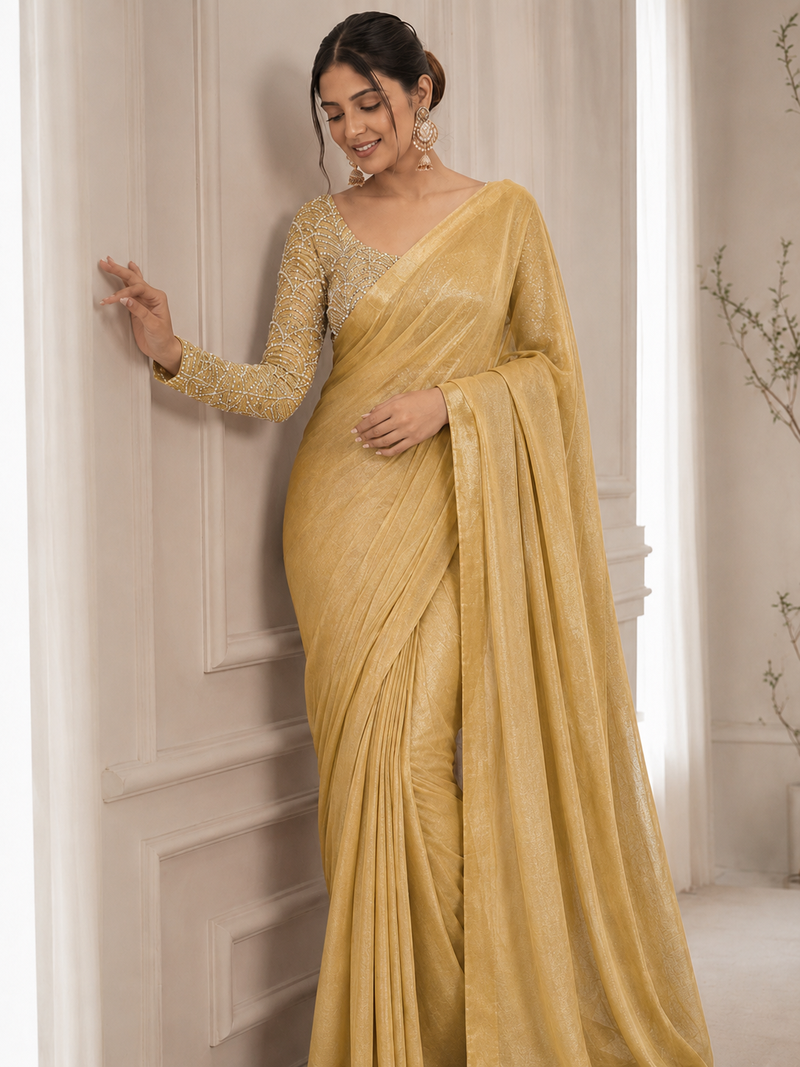 Yellow Color Embroidered Silk Blend Saree