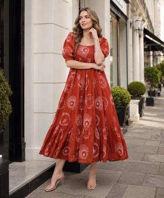 Orange cotton readymade kurti with printed work 1