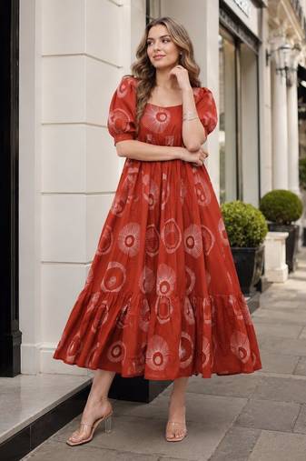 Orange cotton readymade kurti with printed work