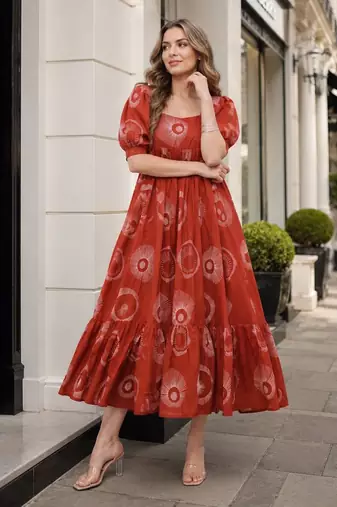 Orange cotton readymade kurti with printed work