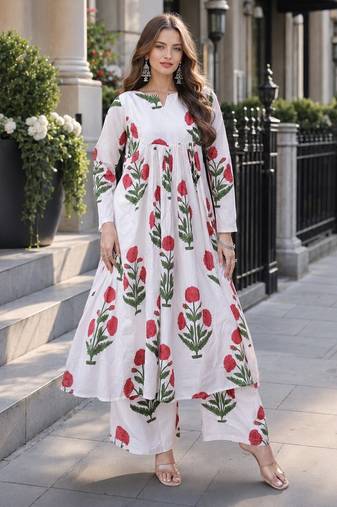 White cotton readymade kurti set with printed work
