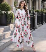 White cotton readymade kurti set with printed work