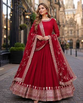 Maroon faux georgette readymade anarkali suit with embroidery & sequence work 1