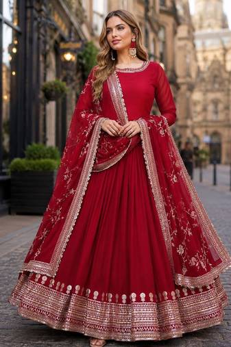 Maroon faux georgette readymade anarkali suit with embroidery & sequence work