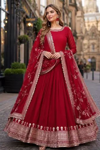 Maroon faux georgette readymade anarkali suit with embroidery & sequence work