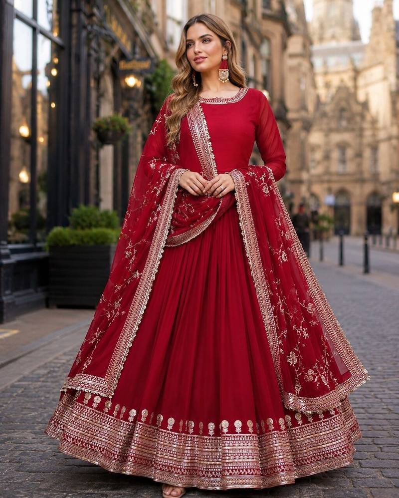 Maroon faux georgette readymade anarkali suit with embroidery & sequence work