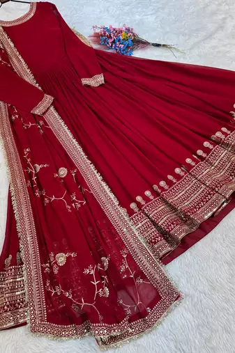 Maroon faux georgette readymade anarkali suit with embroidery & sequence work