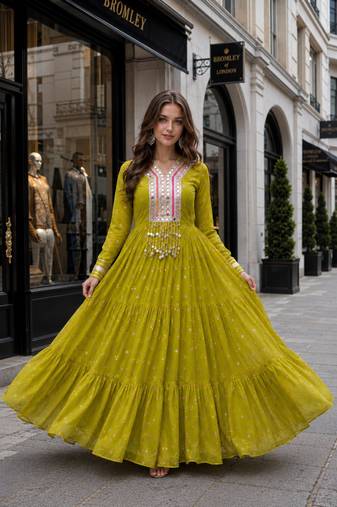 Mehendi georgette free size stitched navratri anarkali suit with laheriya & kutchi patchework
