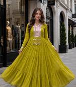 Mehendi georgette free size stitched navratri anarkali suit with laheriya & kutchi patchework