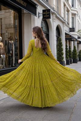 Mehendi georgette free size stitched navratri anarkali suit with laheriya & kutchi patchework 2
