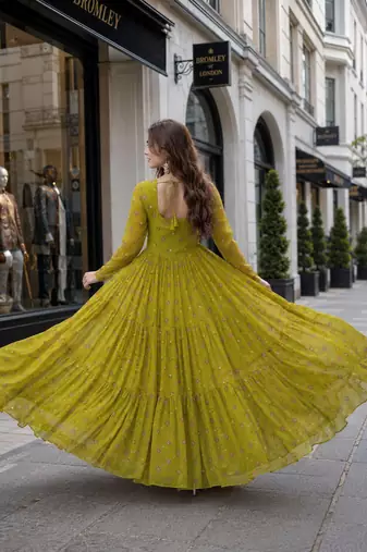 Mehendi georgette free size stitched navratri anarkali suit with laheriya & kutchi patchework
