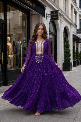 Violet georgette free size stitched navratri anarkali suit with laheriya & kutchi patchework 1