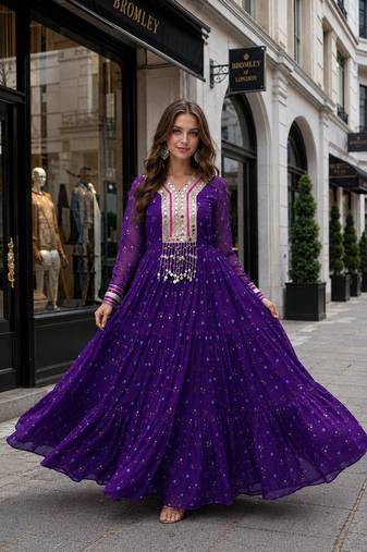 Violet georgette free size stitched navratri anarkali suit with laheriya & kutchi patchework