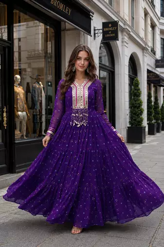 Violet georgette free size stitched navratri anarkali suit with laheriya & kutchi patchework