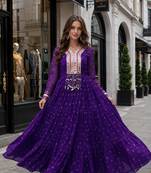 Violet georgette free size stitched navratri anarkali suit with laheriya & kutchi patchework