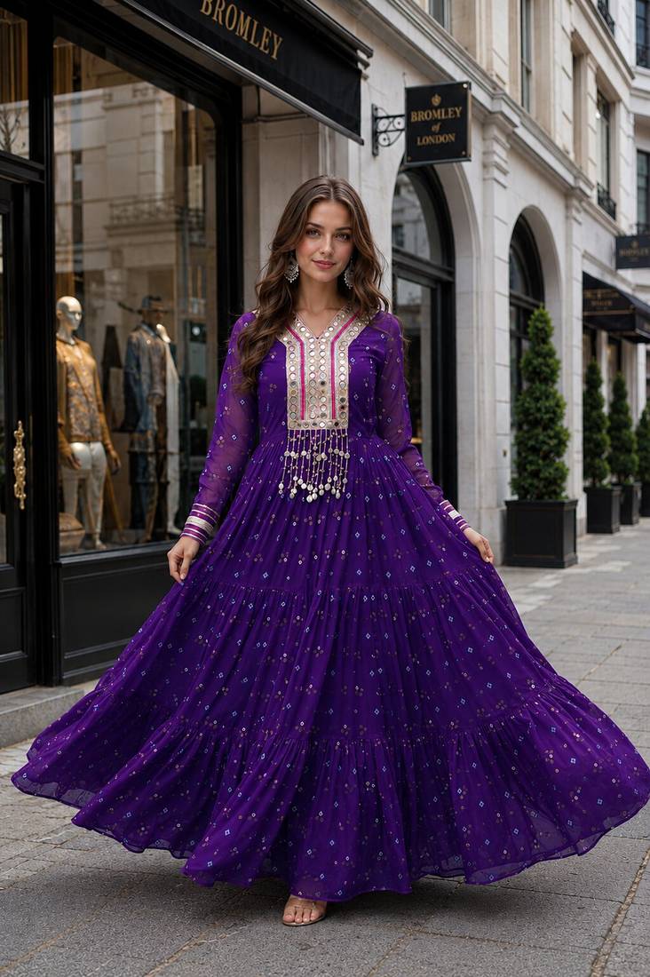 Violet georgette free size stitched navratri anarkali suit with laheriya & kutchi patchework