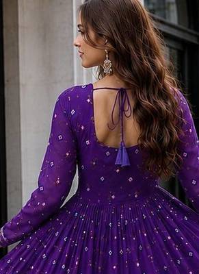Violet georgette free size stitched navratri anarkali suit with laheriya & kutchi patchework 2