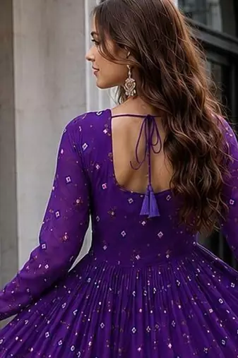 Violet georgette free size stitched navratri anarkali suit with laheriya & kutchi patchework