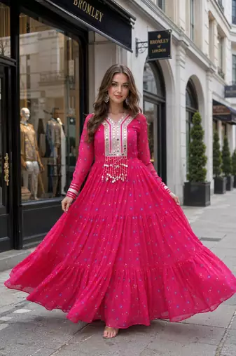 Rani-pink georgette free size stitched navratri anarkali suit with laheriya & kutchi patchework