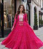 Rani-pink georgette free size stitched navratri anarkali suit with laheriya & kutchi patchework