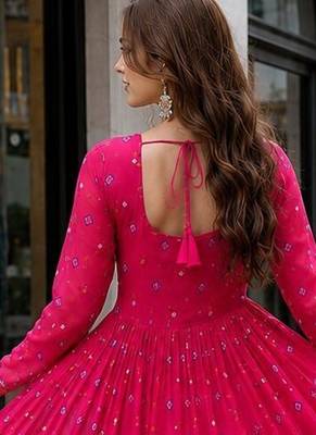 Rani-pink georgette free size stitched navratri anarkali suit with laheriya & kutchi patchework 2