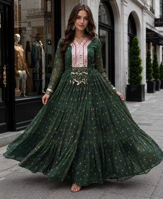 Dark-green georgette free size stitched navratri anarkali suit with laheriya & kutchi patchework 1