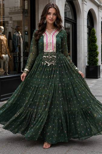 Dark-green georgette free size stitched navratri anarkali suit with laheriya & kutchi patchework